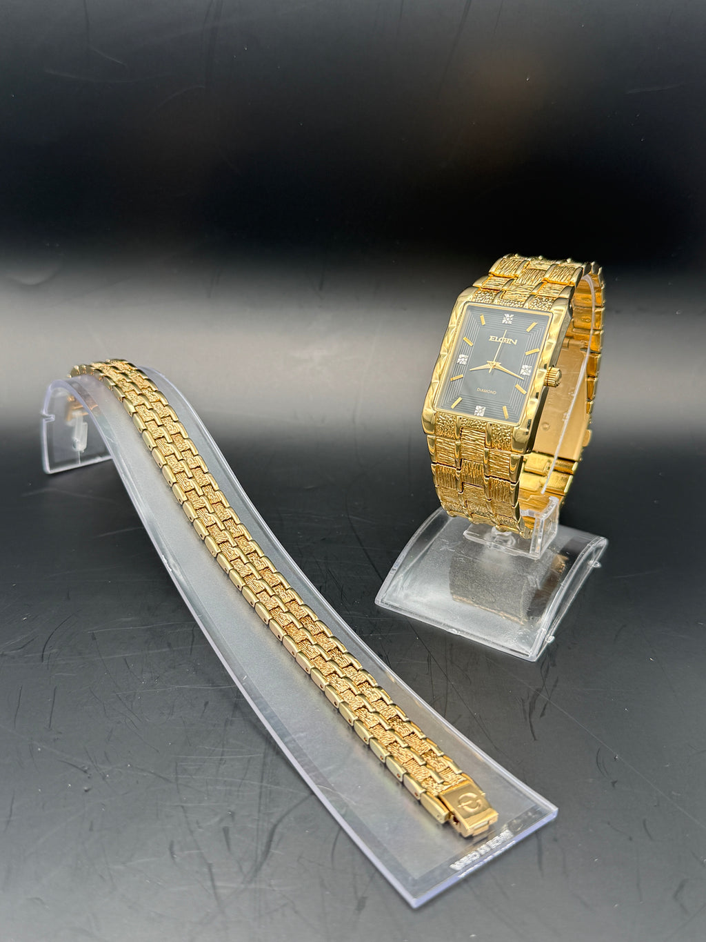 Elgin Diamond Gold-Tone Watch & Bracelet Set | Black Dial