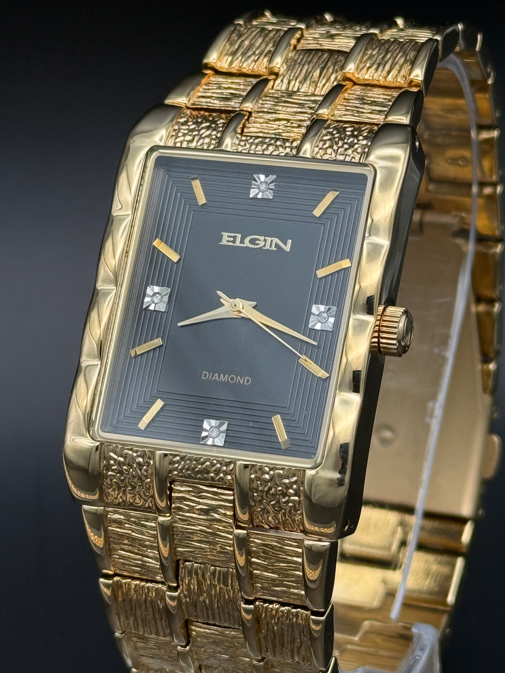 Elgin Diamond Gold-Tone Watch & Bracelet Set | Black Dial