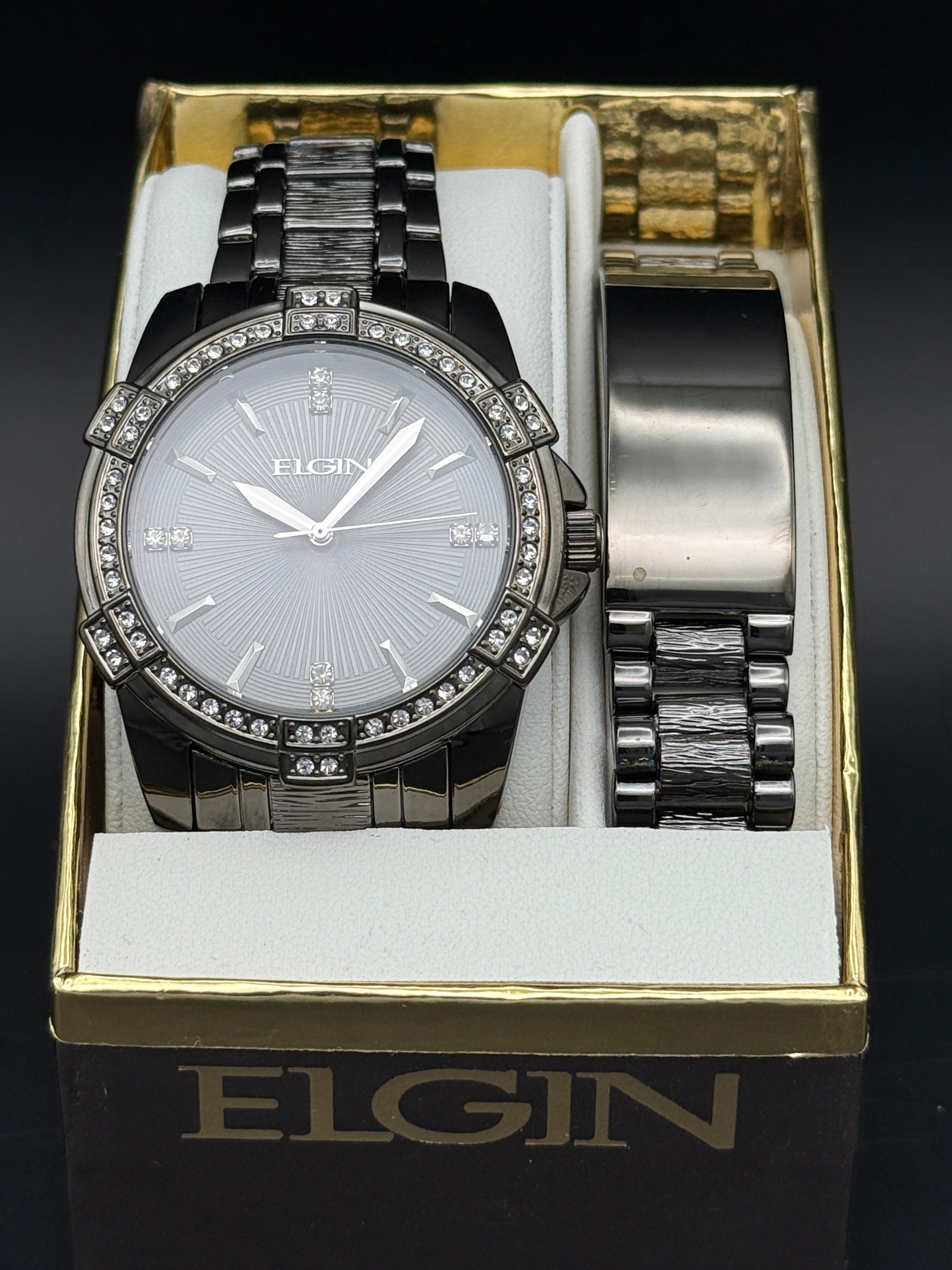 Elgin Gunmetal Crystal Accent Watch & Matching Bracelet Set