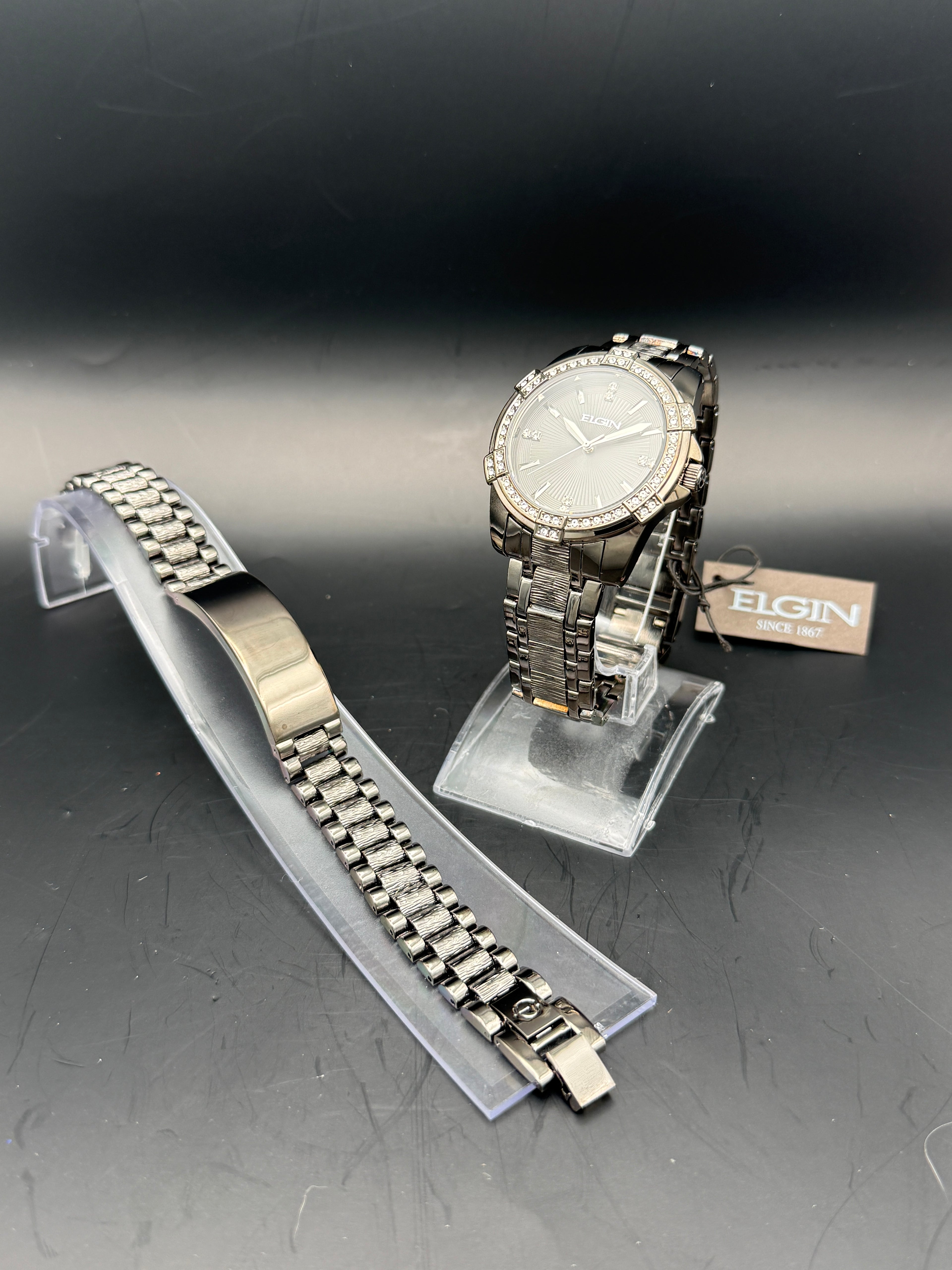 Elgin Gunmetal Crystal Accent Watch & Matching Bracelet Set