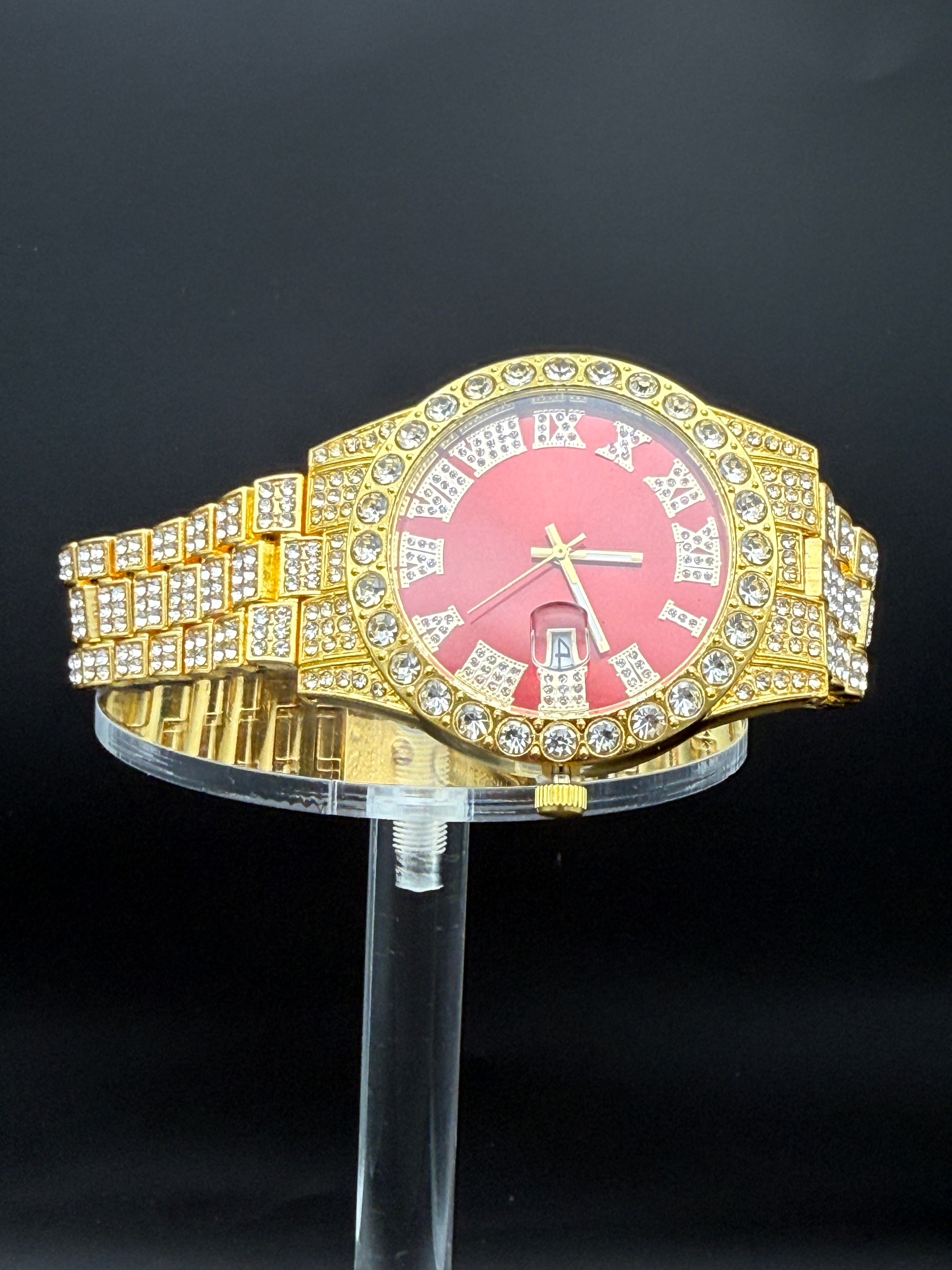Iced Watch, Gold with Red Dial