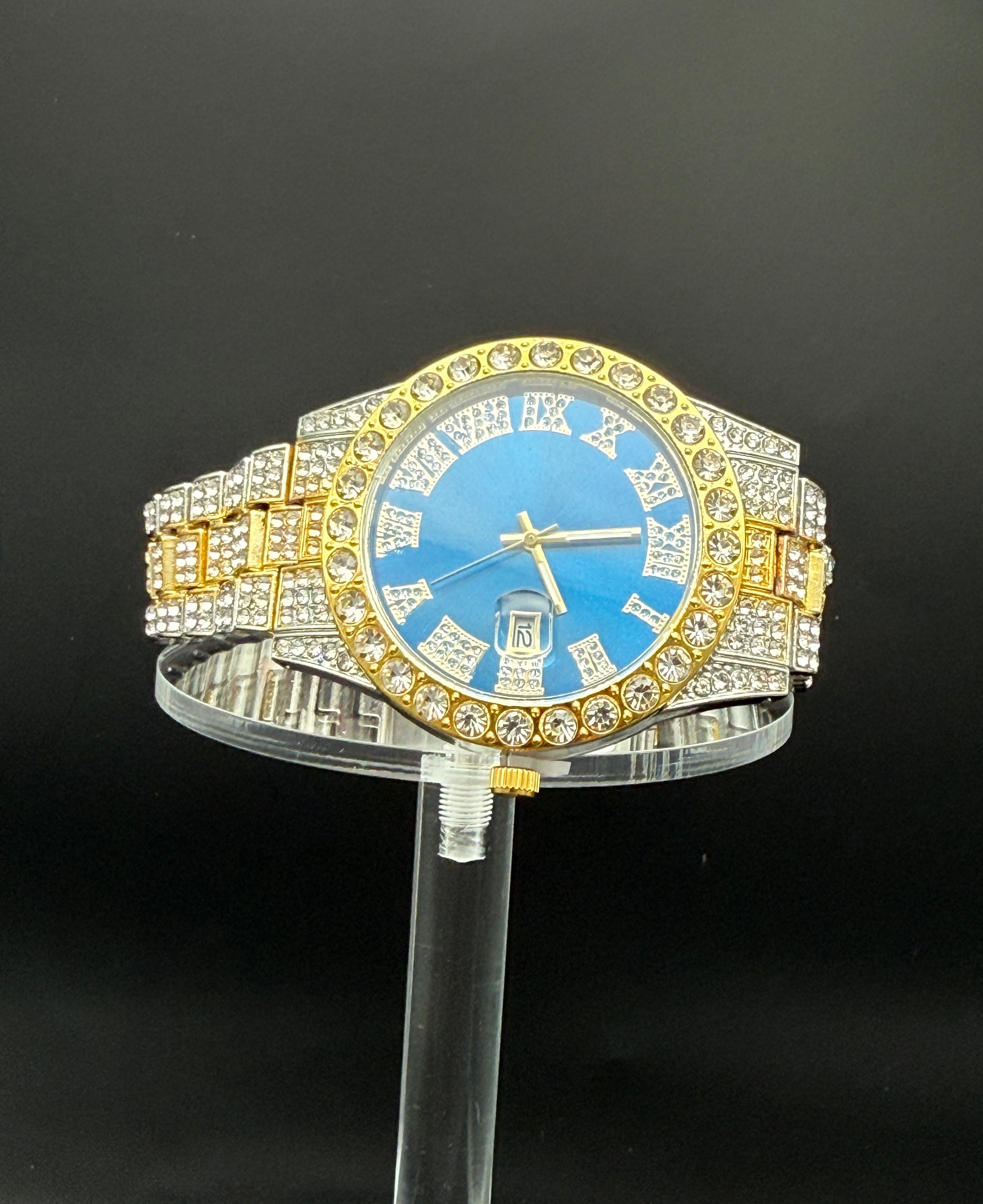 Iced Watch-Silver with Gold Tone, Blue Dial