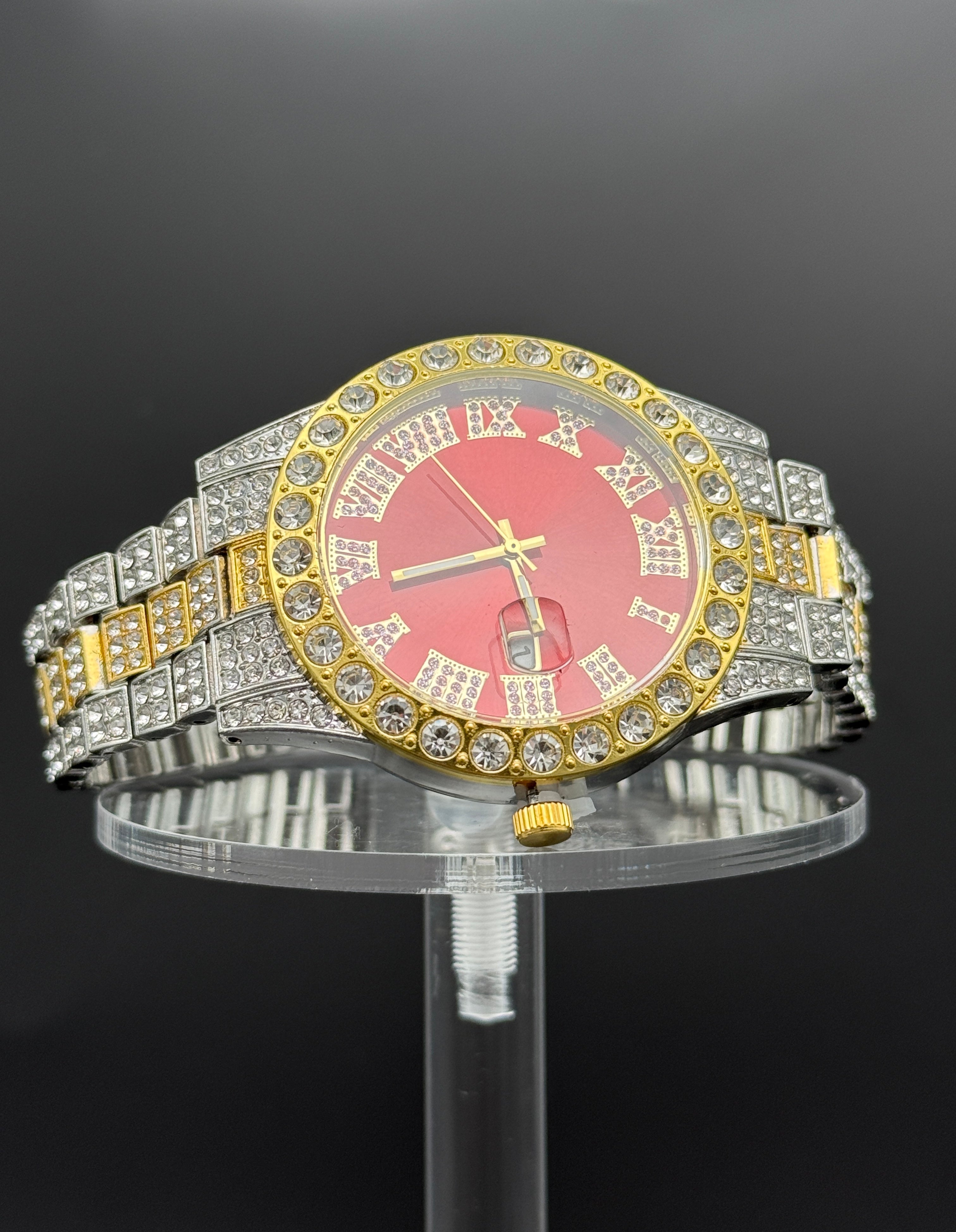 Iced Watch-Silver with Gold tone, Red dial