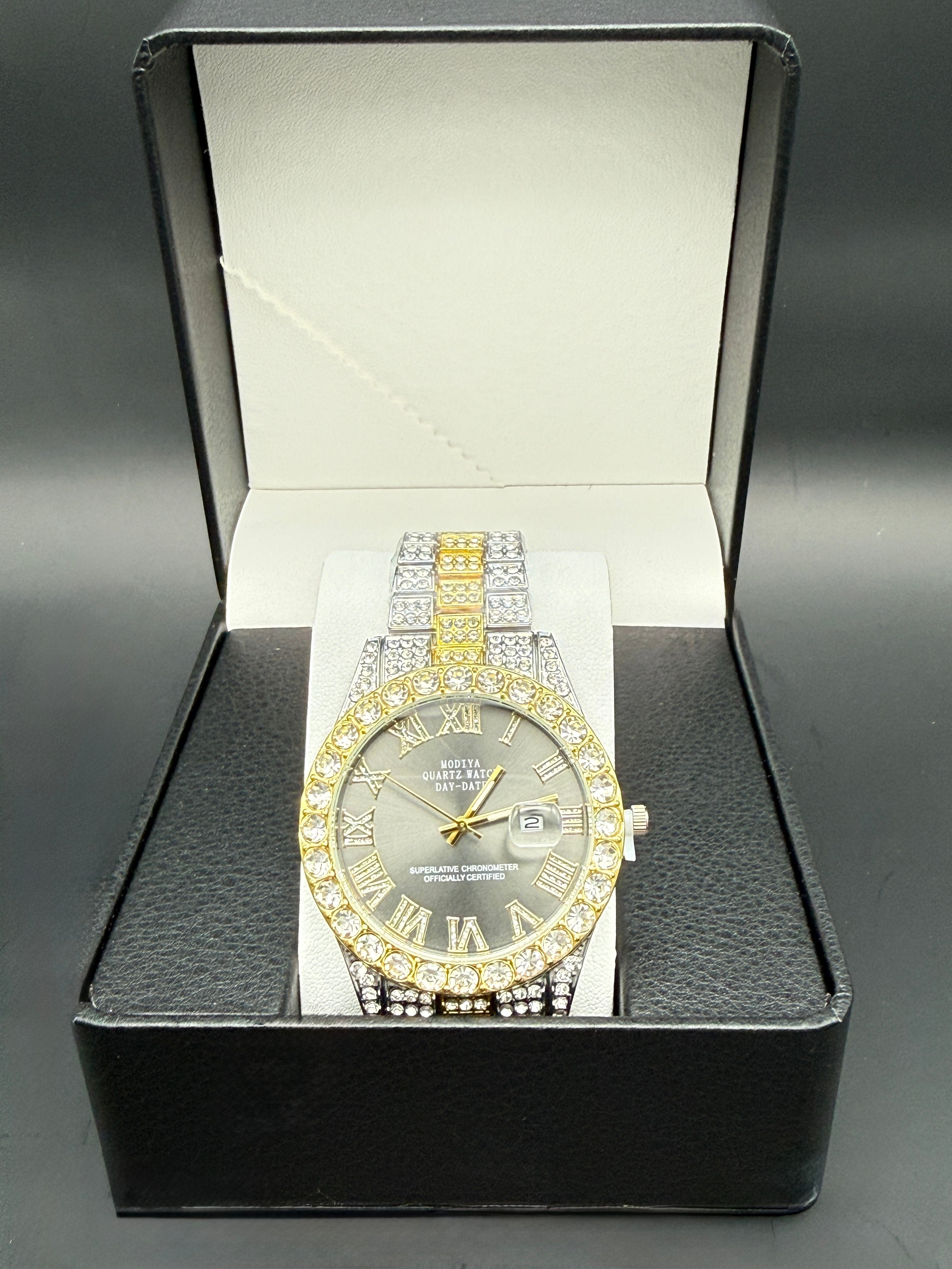 Iced Watch - Silver and Gold Tone Bracelet, Black Dial