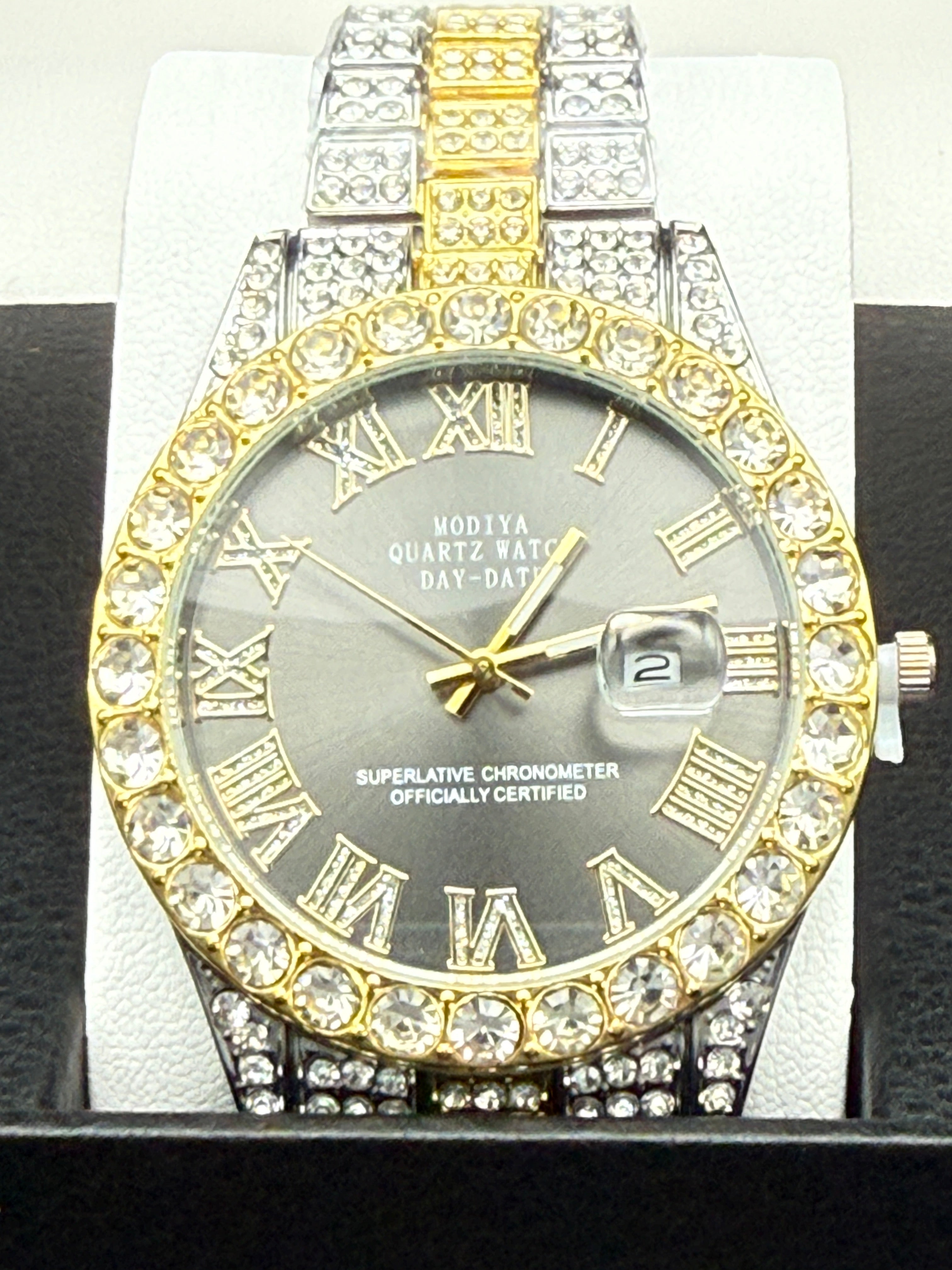 Iced Watch - Silver and Gold Tone Bracelet, Black Dial