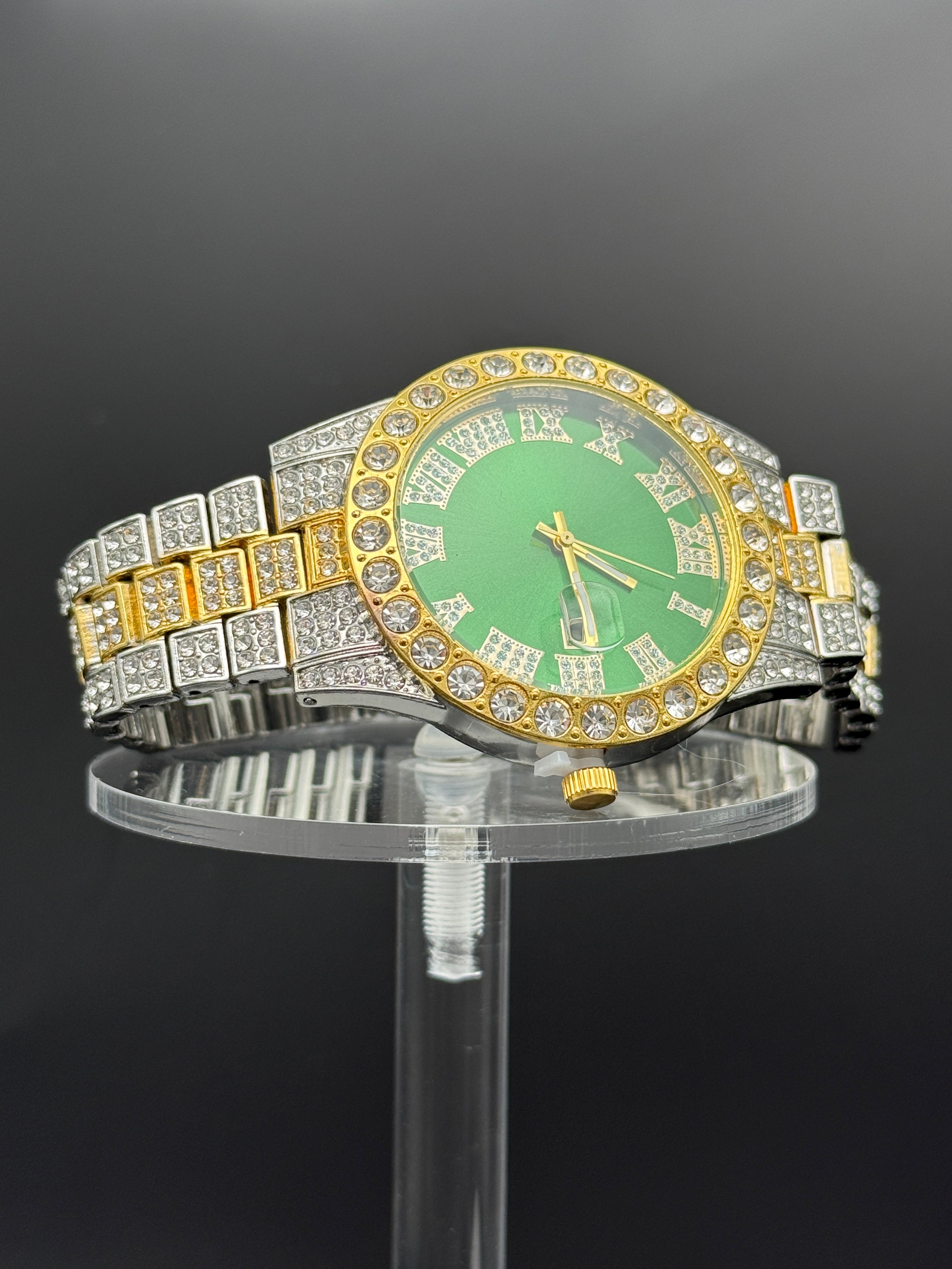Iced Watch-Silver with Gold Tone, Green Dial