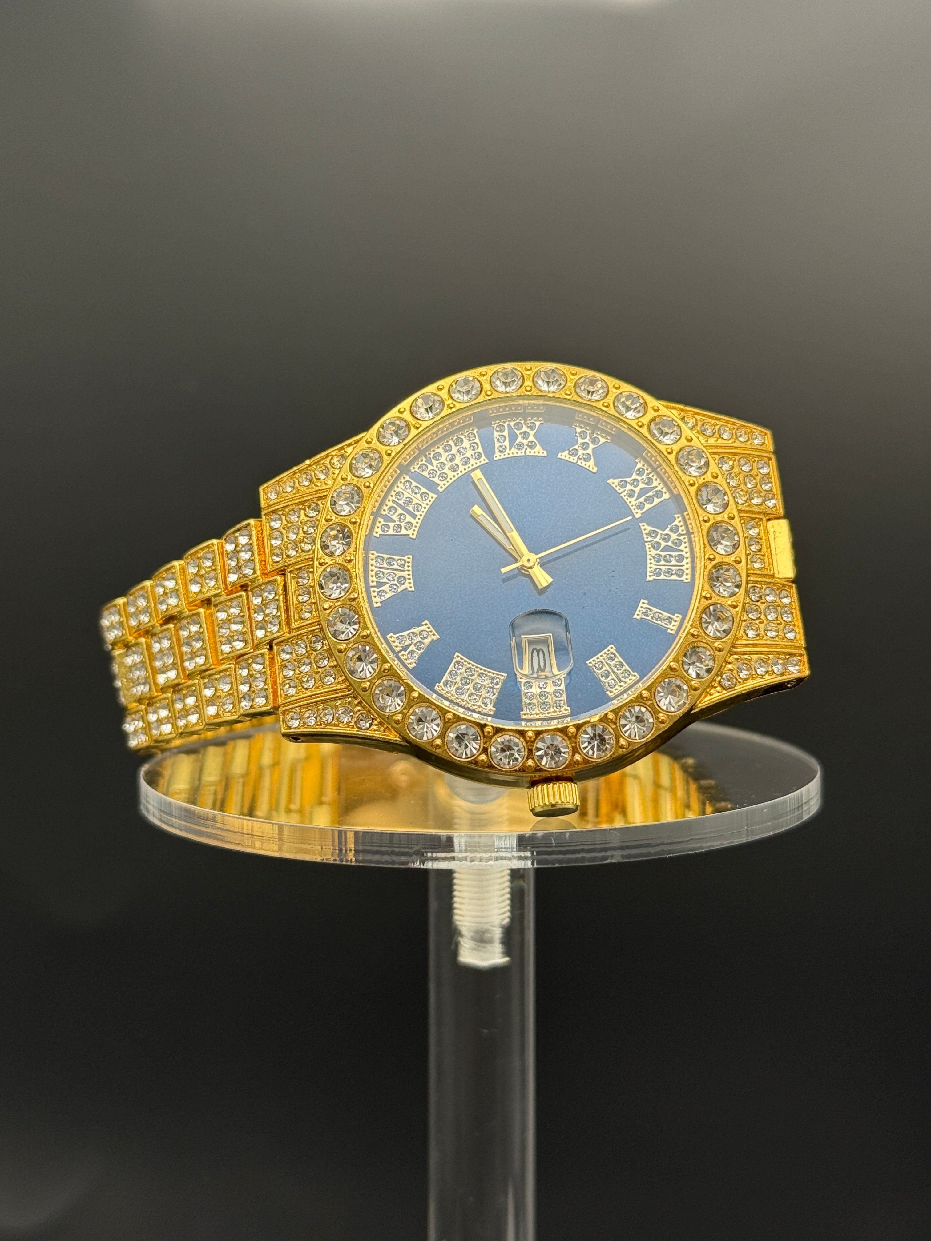 Iced Watch-Gold With Blue Dial