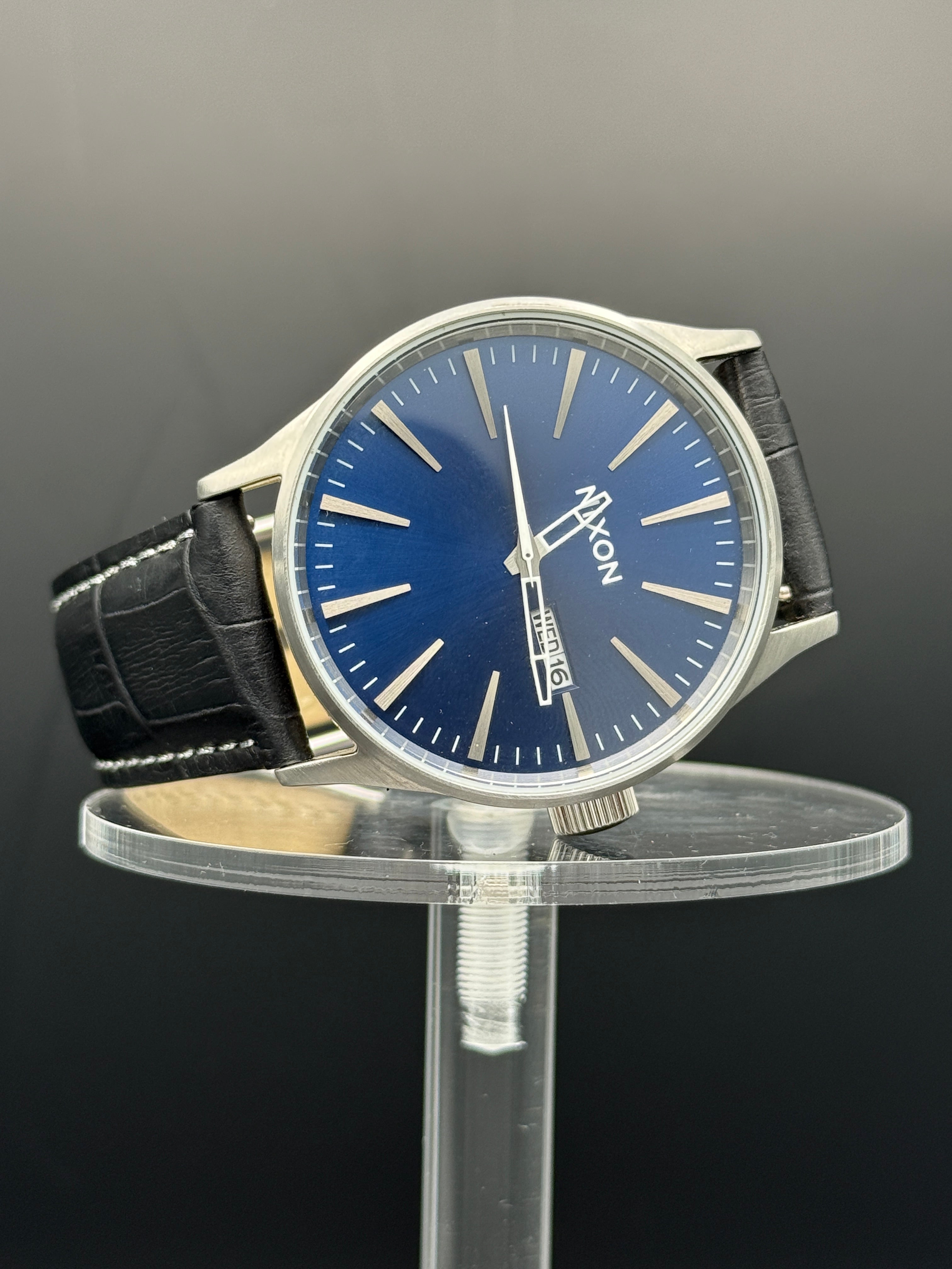 Nixon Sentry Blue Dial Stainless Steel Watch w/ Black Leather Strap