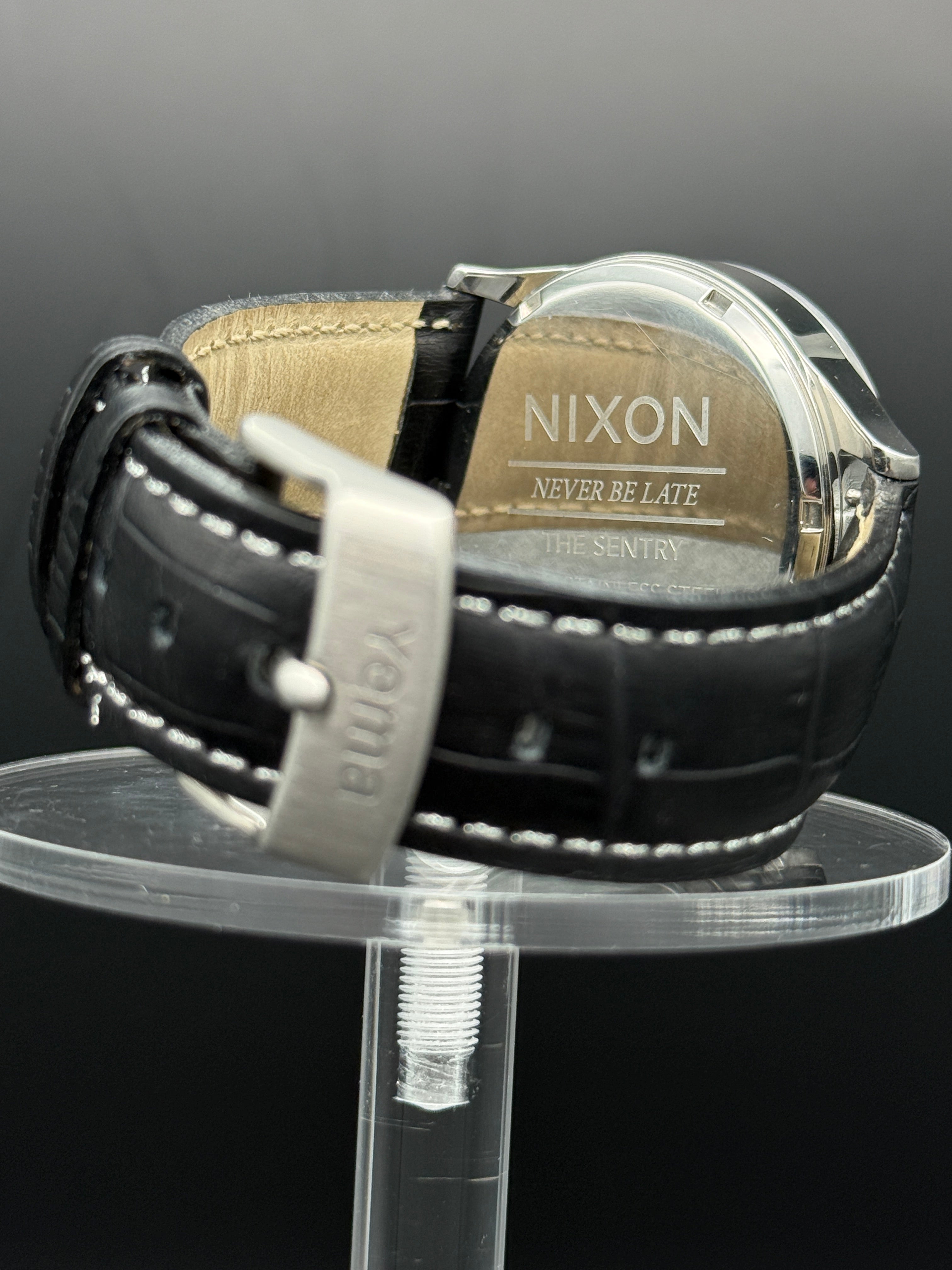 Nixon Sentry Blue Dial Stainless Steel Watch w/ Black Leather Strap
