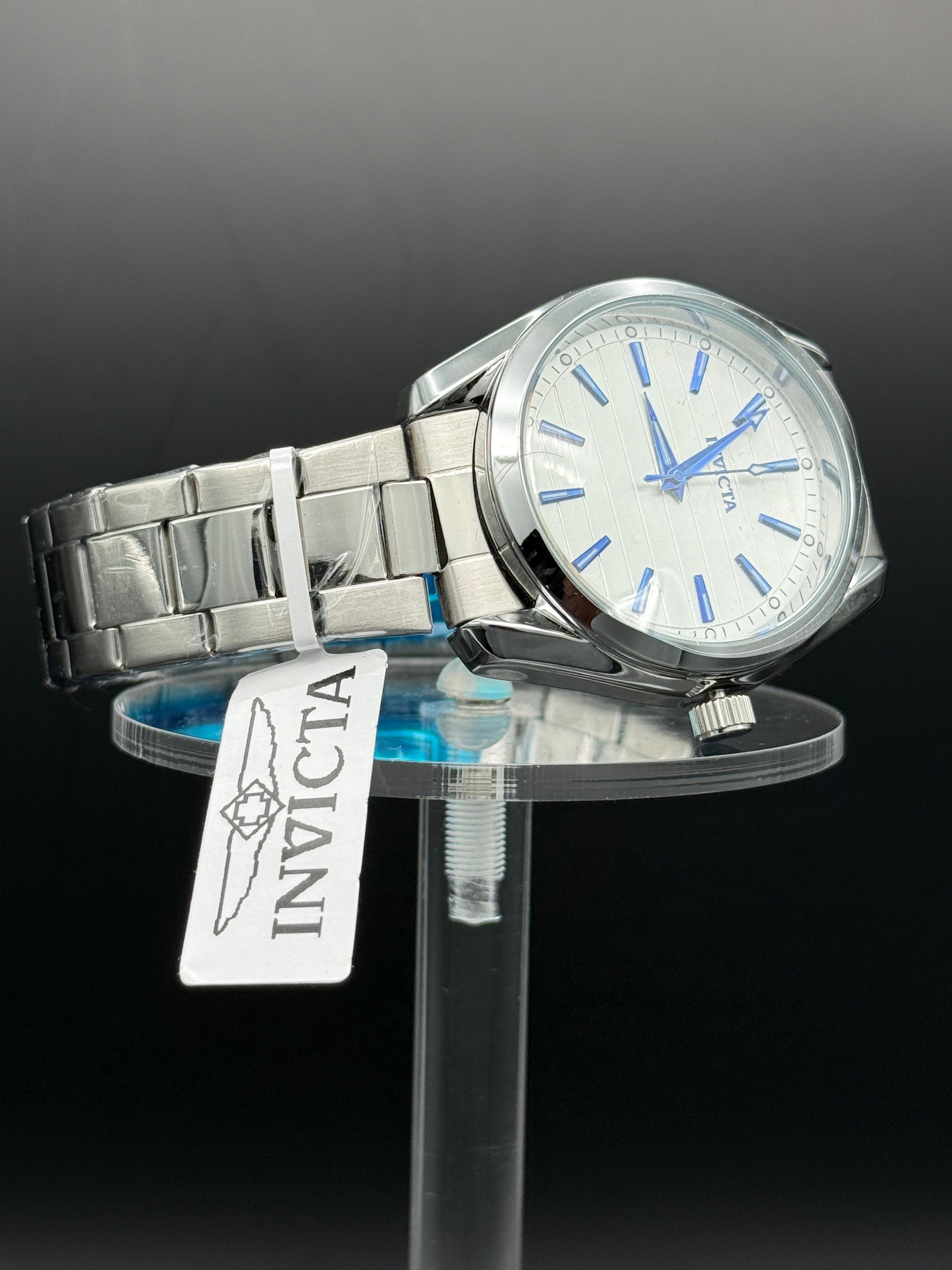 Invicta Silver Tone Watch, White Dial With Blue Accents