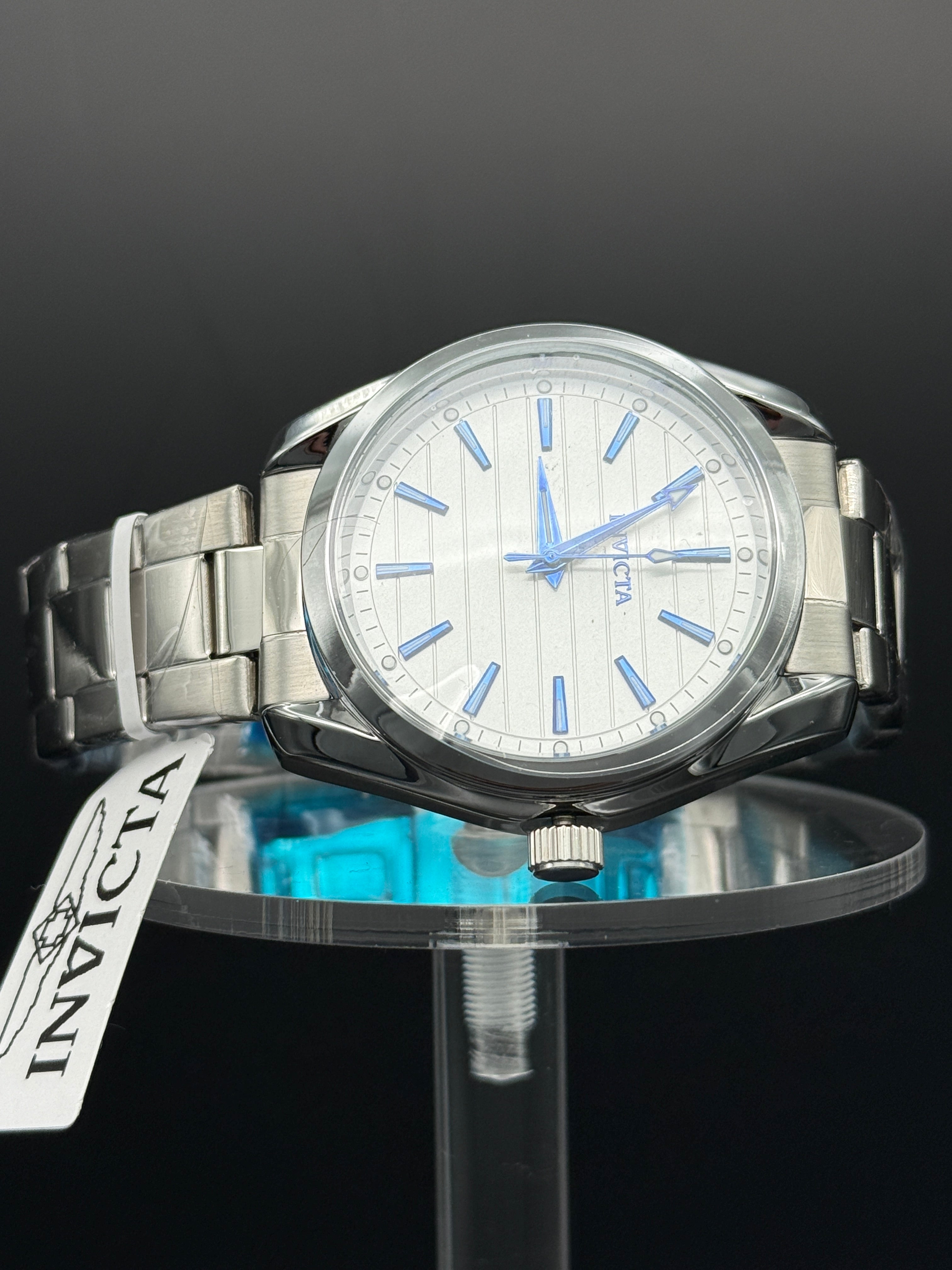 Invicta Silver Tone Watch, White Dial With Blue Accents