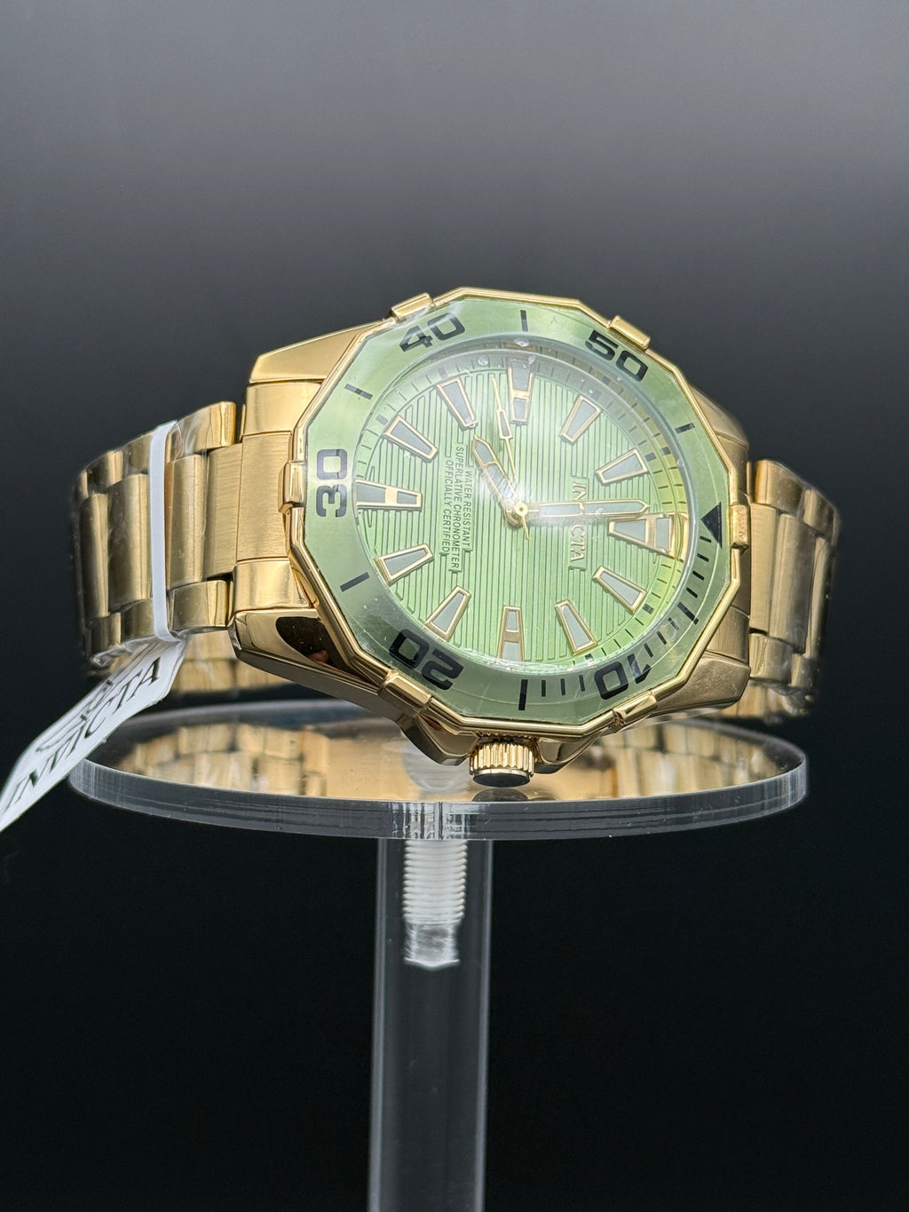 Invicta Gold Tone Octagonal Watch With Green Dial