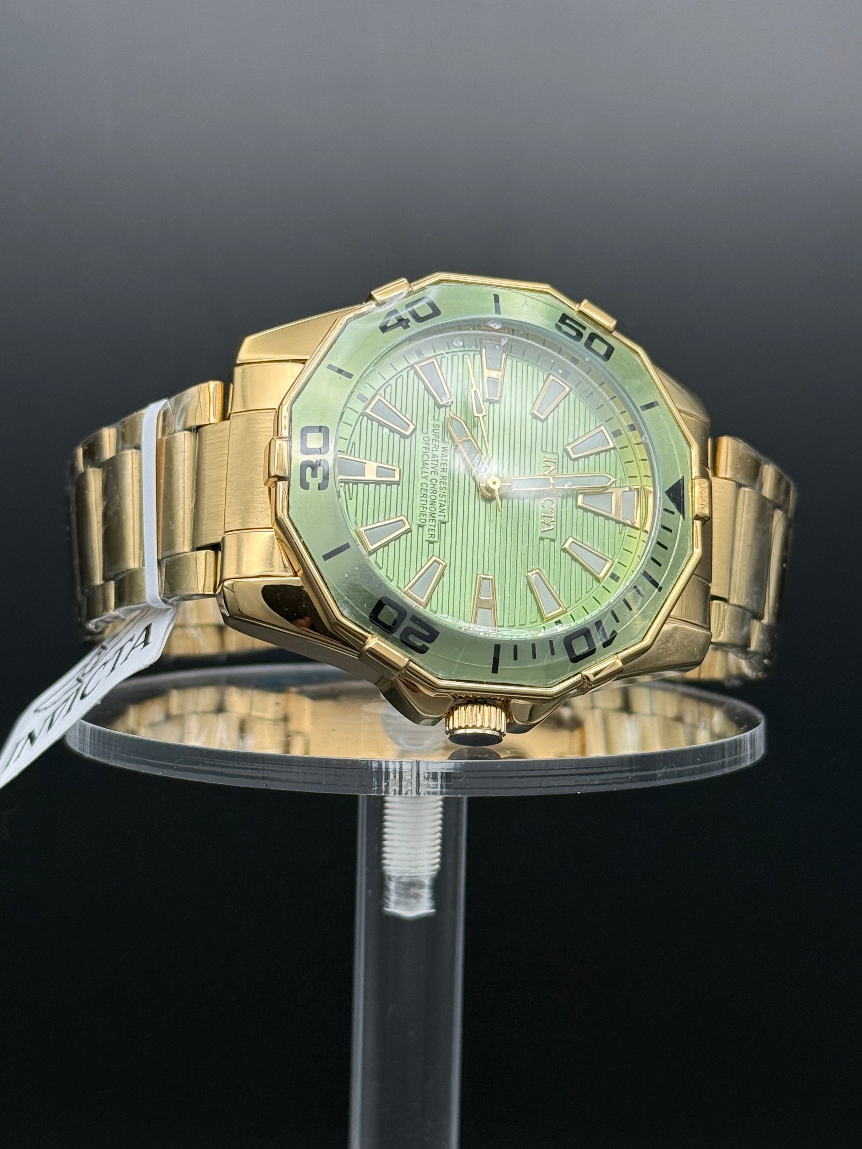 Invicta Gold Tone Octagonal Watch With Green Dial