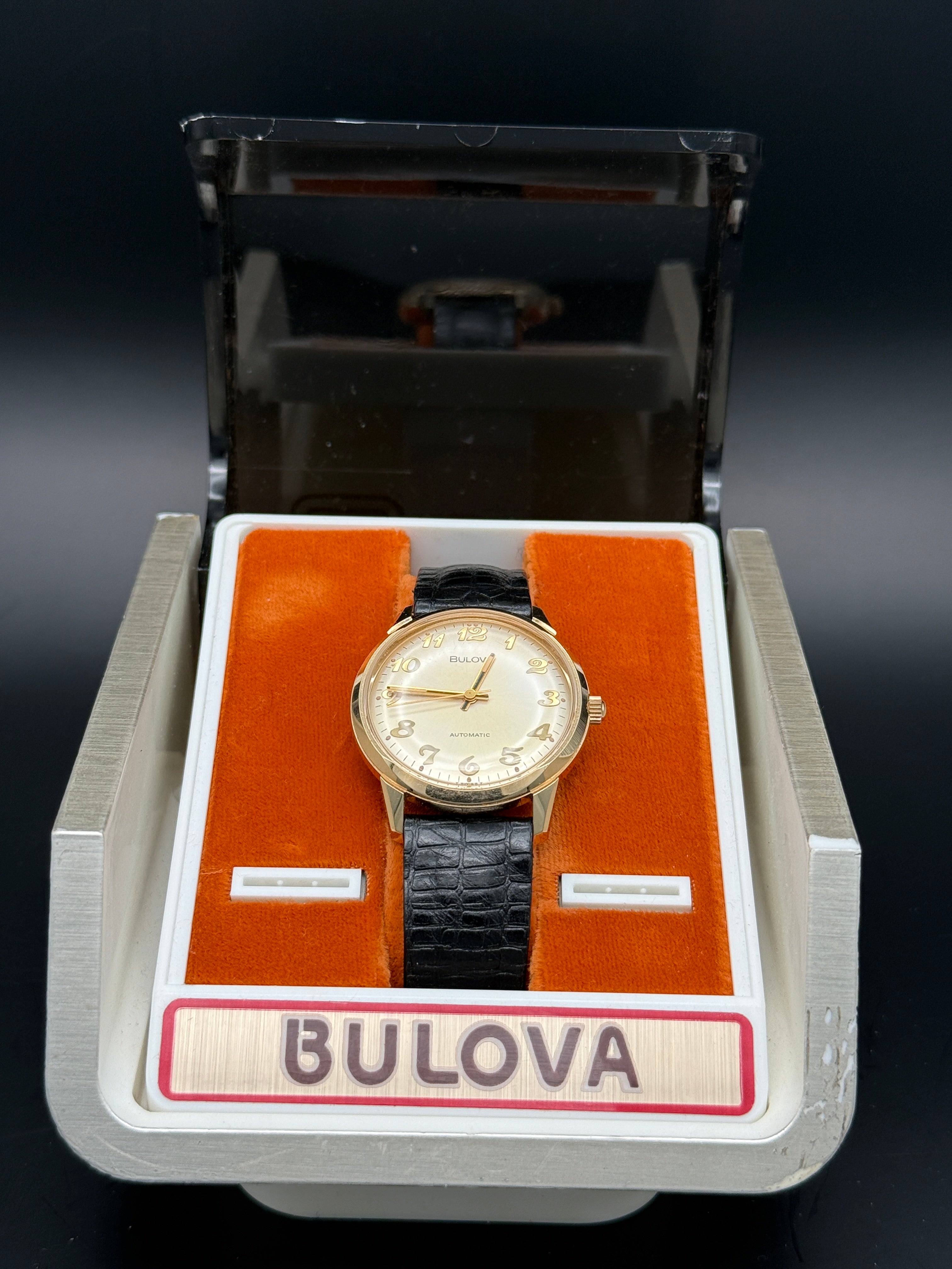 Bulova Automatic Dress Watch Gold Tone Silver Dial w/ Bulova Display Case