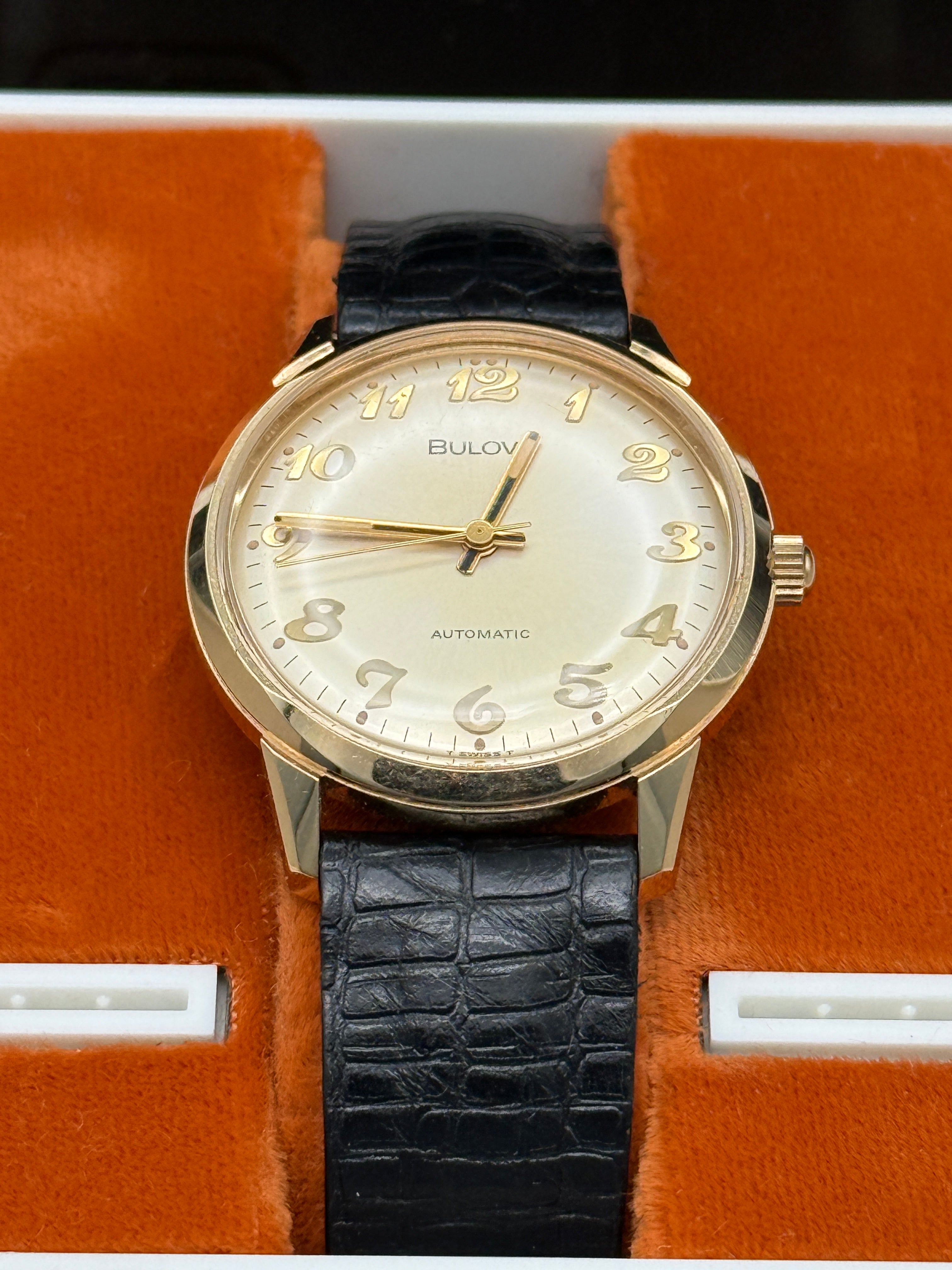 Bulova Automatic Dress Watch Gold Tone Silver Dial w/ Bulova Display Case