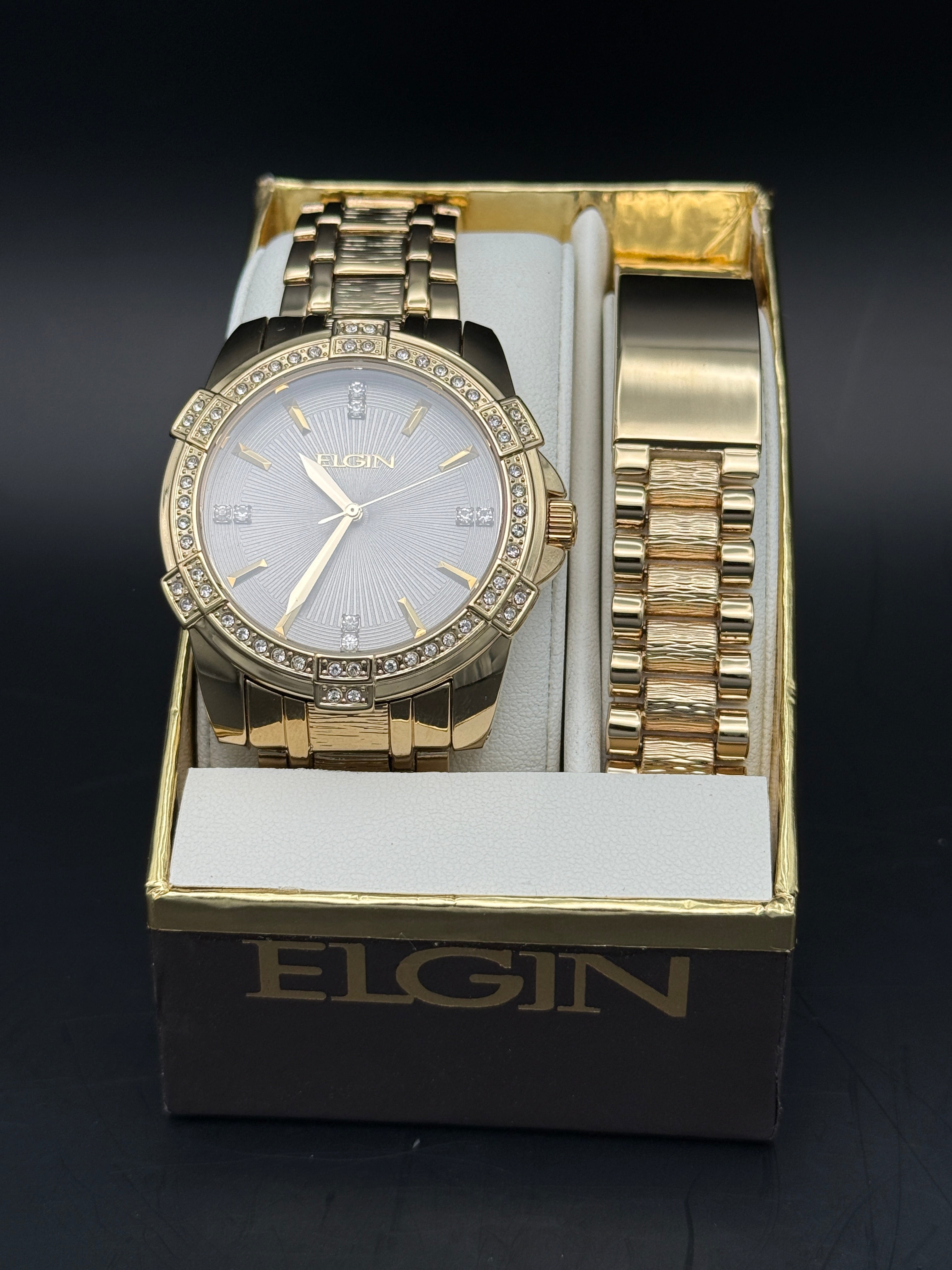 Elgin Gold-Tone Watch & Bracelet Set