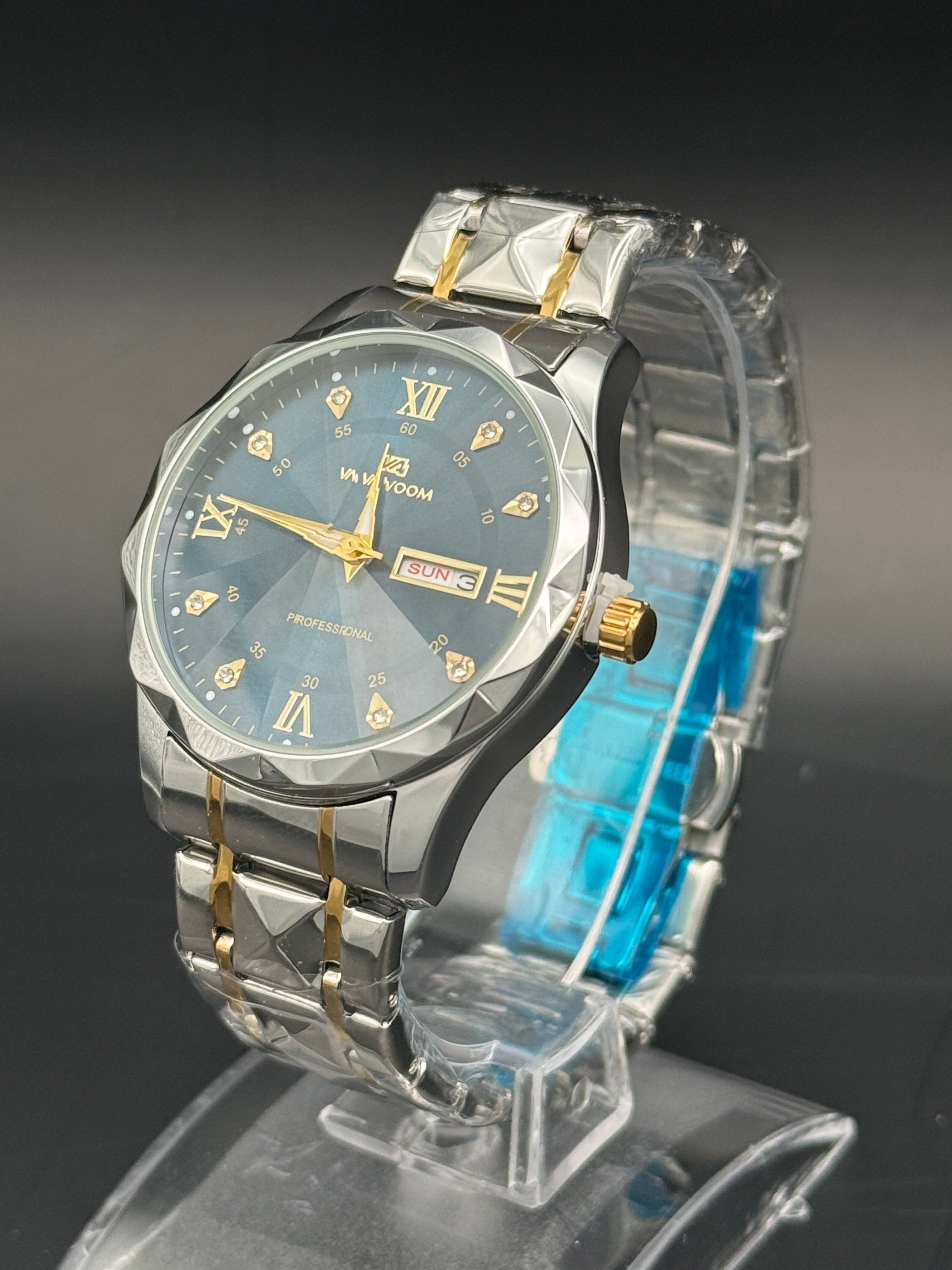VAVAVOOM Faceted Crystal Day-Date Watch – Blue Sunburst Dial Two-Tone Bracelet