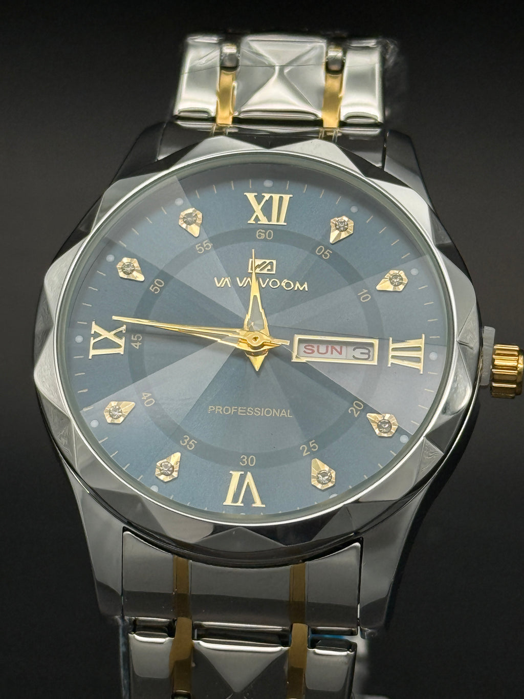 VAVAVOOM Faceted Crystal Day-Date Watch – Blue Sunburst Dial Two-Tone Bracelet