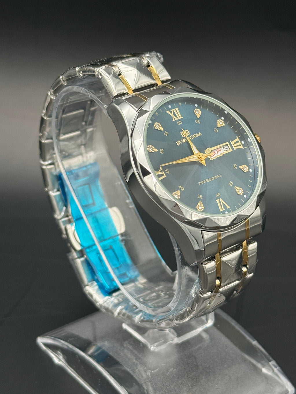 VAVAVOOM Faceted Crystal Day-Date Watch – Blue Sunburst Dial Two-Tone Bracelet