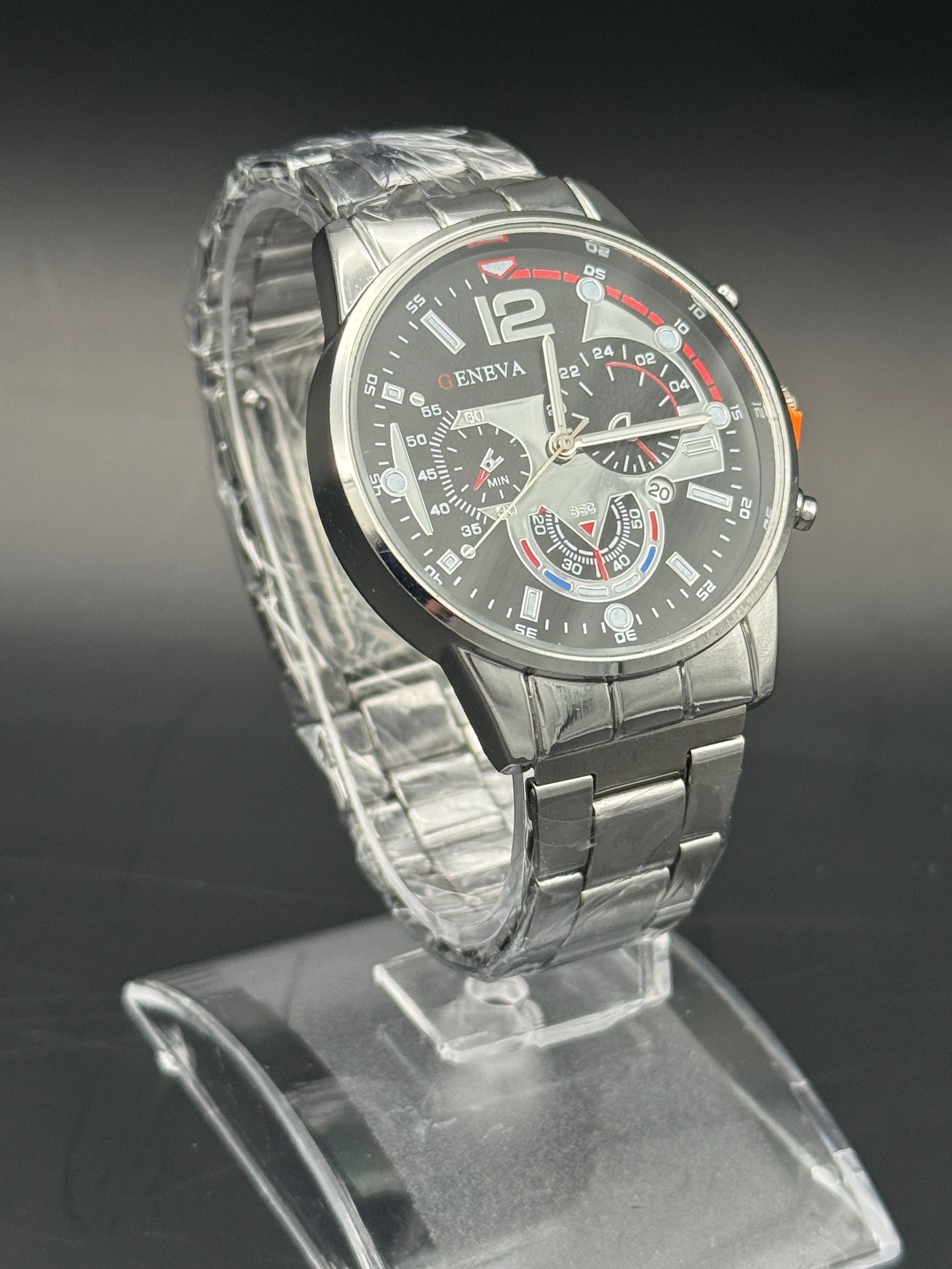 Geneva Men's Fashion Multi-Dial Quartz Watch Black And Red