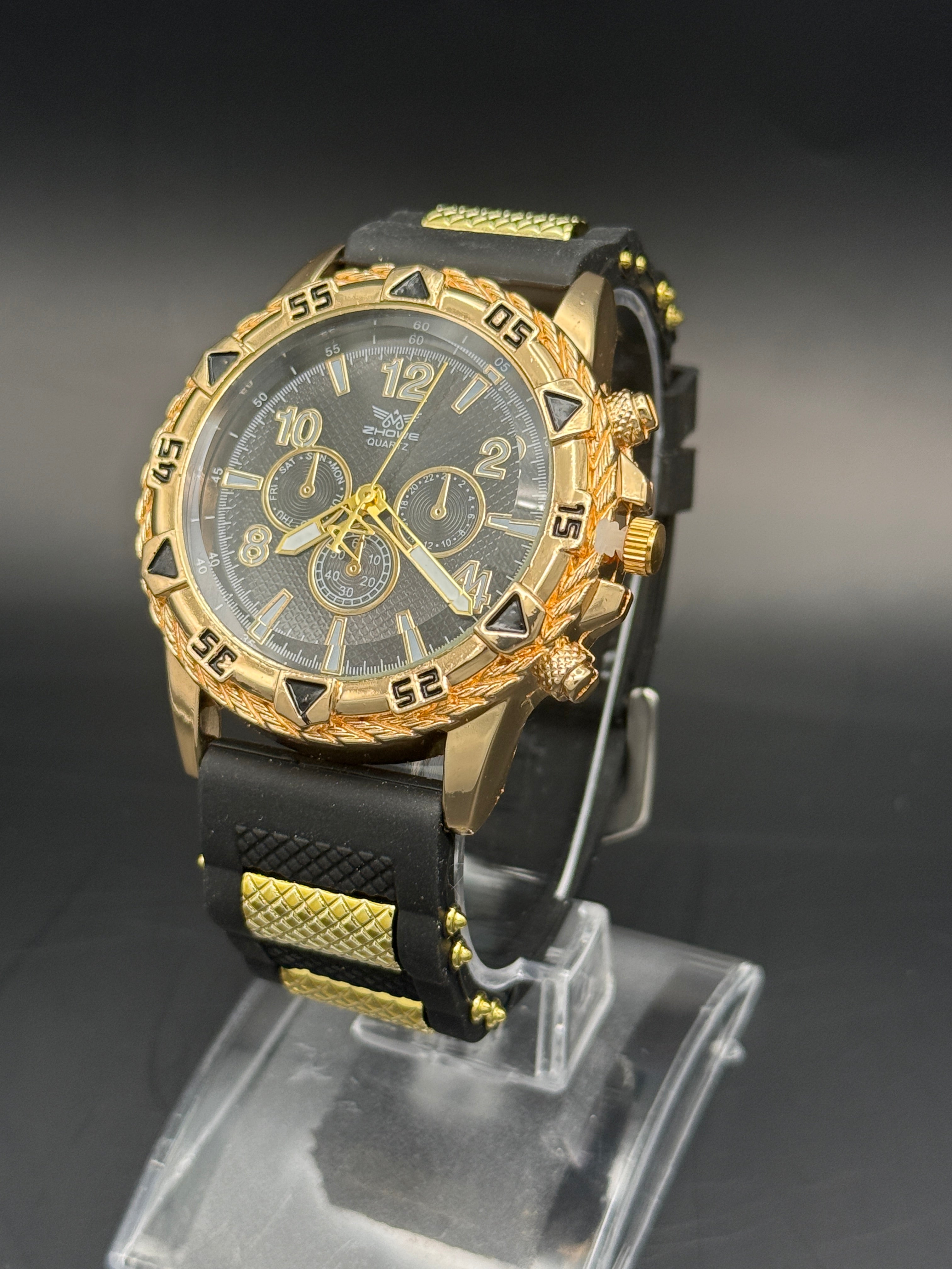Zhowe Black & Gold Sport Fashion Watch – Textured Dial